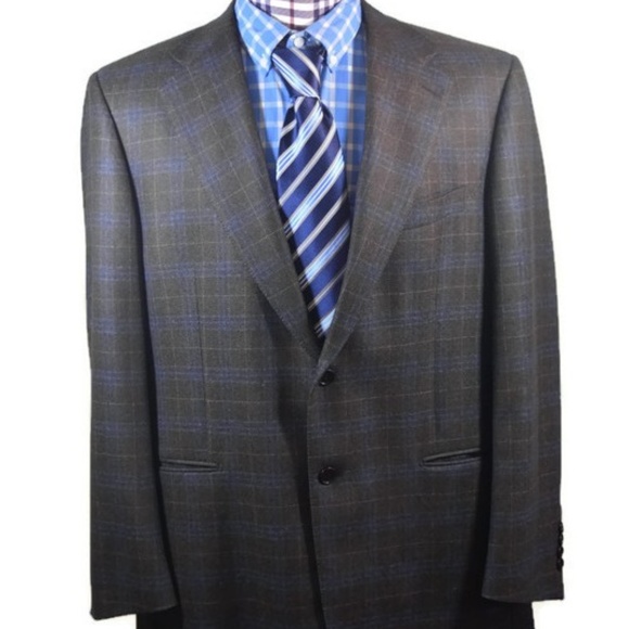 Faconnable Blue Brown Check Italy Sport Coat 46R - Picture 1 of 8